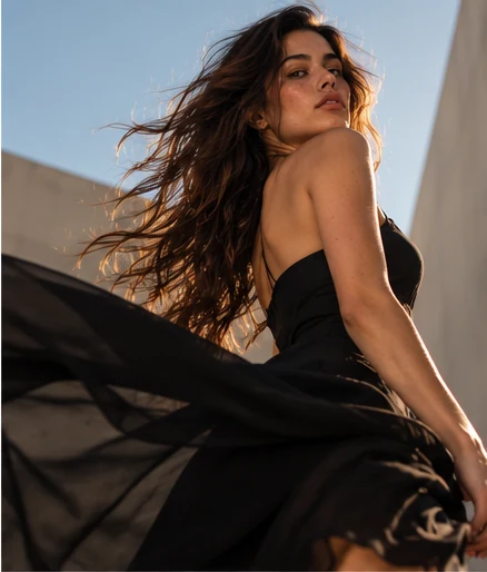 Modelo em movimento com figurino fluido