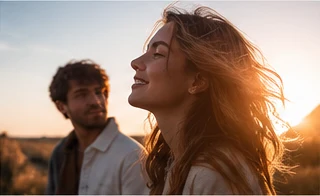 Casal fotografado durante o pôr do sol