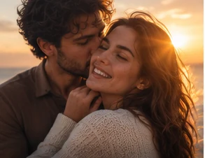 Casal em momento espontâneo ao pôr do sol