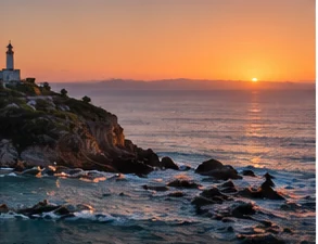 Paisagem costeira iluminada pelo pôr do sol